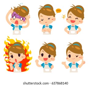 Vector Set of Girl, Housewife Expressions isolated on White Background