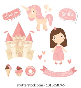 Vector set for girl in pink color. Little princess, castle, unicorn, ponies, ice cream, donut, cake.