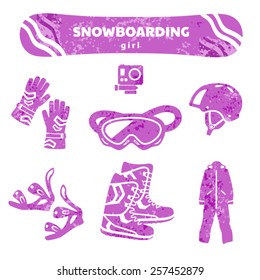 Vector set of girl snowboarding equipment 