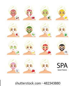 Vector set of girl using mix different facial sheet mask for treatment her face
