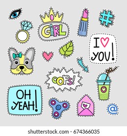 Vector set of girlish patches - style of 80s-90s in cartoon style. Flat isolated illustration - suitable for embroidery, icons, stickers.