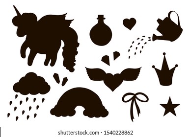 Vector set of girlish unicorn themed silhouettes. Black and white illustration of rainbow, cloud, bow, potion, crystals. Funny cute magic fairytale stencils