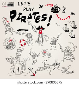 vector set of girls and boys playing pirates. Funny cartoon style