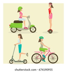 Vector set of girls cartoon characters riding modern street transport motor scooter, push scooter, gyroscooter and bike. Means of transport concept design elements in flat style.