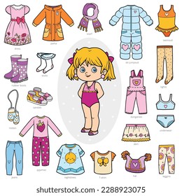 Vector set of girls clothes, color collection of cartoon kids accessories and clothing