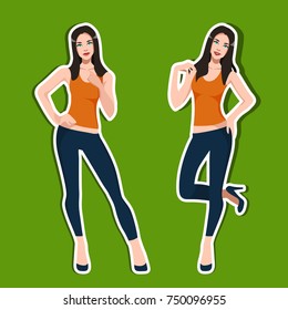 Vector set. Girls. Girls in diferent poses. Black hair jeans and T-shirt