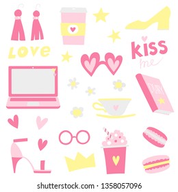 Vector set of girl's different objects in pink and yellow colors