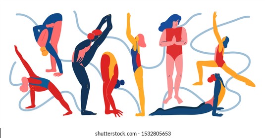 Vector set with girls in different yoga poses. Women in asanas. Colorful image with people involved in sports.