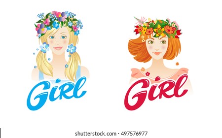 Vector set. Girls in flower wreaths. Blond and redhead. Country girls.