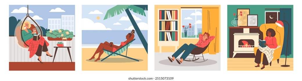 A vector set with girls and a guy resting on comfortable chairs. On the beach, in a cozy home environment, people enjoy relaxing on modern furniture