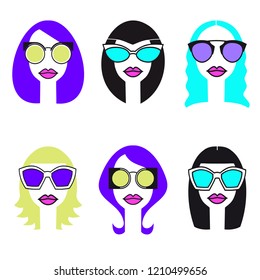 vector set of a girl's head with glasses, avatar of a young woman, flat design