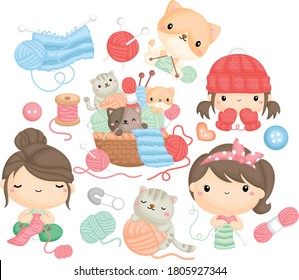 A vector set of girls knitting with cute cats