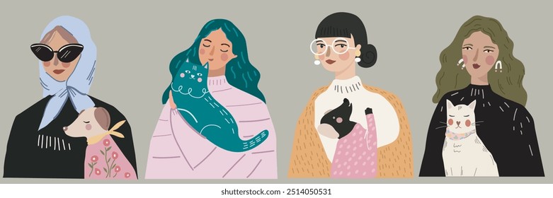 Conjunto de Vector.
Chicas y mascotas. Ilustración plana de Vector de moda dibujada a mano.  Diseño para el Anuncio, tarjeta, cartel, folleto. 