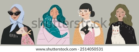 Vector set.
Girls and pets. Hand drawn trendy vector flat illustration.  Design for banner, card, placard, brochure. 