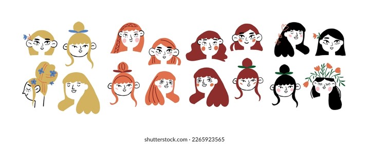 Conjunto vectorial de retratos de niñas en blanco. Retratos de chicas honradas, chicas pelirrojas, chicas de cabello marrón, chicas de cabello negro. Afiches de diversidad femenina.