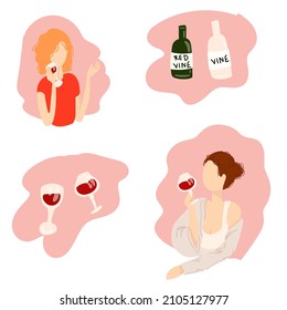 
Vector ambientado con chicas y vino tinto. Día de San Valentín. Un grupo de chicas enamoradas de una copa de vino.