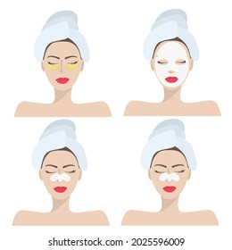 Vector set of girls with a towel on their head and different facial skin care. Girls with a cleansing face mask, patches