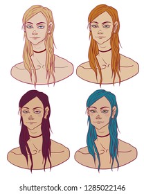 vector set of girls with unusual different hair color. face of a young model drawn by computer graphics. fashion portrait. 