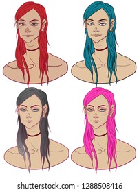 vector set of girls with unusual different hair colour pink, turquoise, blue, red and gray drawn by computer graphics. fashion portrait. sexy girl with perfect appearance. character for game, cosmetic