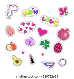 Vector set of girls and woman icons. Hearts, pomegranate, flower, trefoil, shoe, "wow", love, Easter eggs.