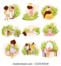 Vector set of girls, woman taking care of yourself. Spa salon, massage, reading a book alone, happyness and love yourself illustration, meditation and bathing. Self love concept