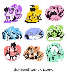 Vector set of girls, woman taking care of yourself. Spa salon, massage, reading a book alone, happyness and love yourself illustration, meditation and bathing. Self love concept