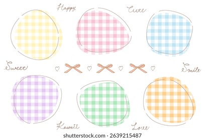 Vector set of girly fluid shapes and handwritten text with check pattern and ribbon.