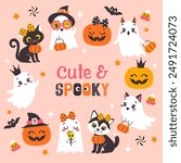 Vector set of girly Halloween characters and letterings on pink background. Cute ghosts, pumpkins, black cat and dog in cartoon flat style for kids design.