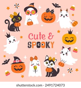 Conjunto de Vector de personajes femeninos de Halloween y letras sobre fondo rosa. Fantasmas lindos, calabazas, gato negro y perro en estilo plano de dibujos animados para el diseño de niños.