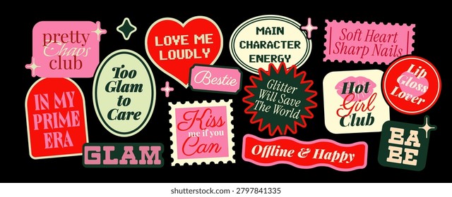 Vector set of girly Y2K stickers with bold typography, glam phrases, hearts, labels and retro badges. Trendy design elements for planner, scrapbook, social media and fashion projects