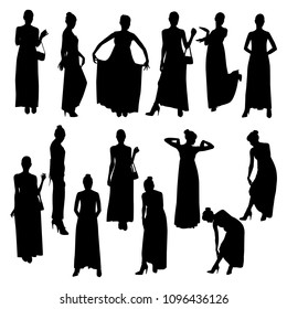 Vector set of glamour black silhouette of woman in various poses standing isolated in white background