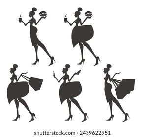 Vector set of glamour girls silhouettess for advertising: coffee, shoping, beauty, telephones