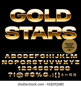 Vector set of glamour golden alphabet letters, numbers and punctuation symbols. Extended bold style