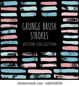 Vector set of glamour pink and blue brush strokes or backgrounds isolated on black. Artistic lines fashionable collection. Taffy and rose color hand painted brush strokes set. Textured design elements