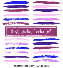 Vector set of glamour pink, cherry, purple and violet brush strokes or backgrounds isolated. Artistic lines fashionable collection. Taffy and rose color hand painted brush strokes set. Color palettes.