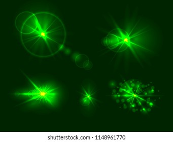 Vector Set of Glares, Green Gowing Light Spots, Different Shine Effects Collection on Dark Background.