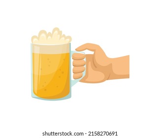 Vector set of glass beer mug in hand. Alcoholic beverages.