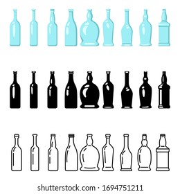 Conjunto vectorial de Iconos de Botella de Vidrio. Esquema, Silueta, Símbolos De Paquete De Alcohol Color.