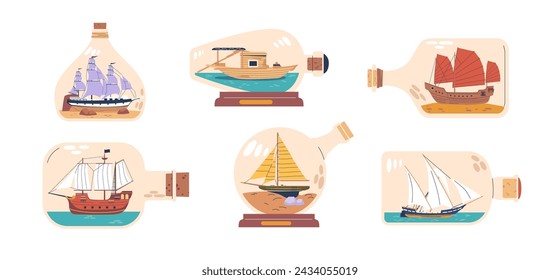 Vector Set Of Glass Bottles With Miniature Ships Inside. Sailing Craft Models Of Marine Vessels. Hobby And Sea Theme