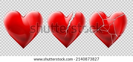 Vector set of glass broken hearts. Templates are isolated on a transparent background.
