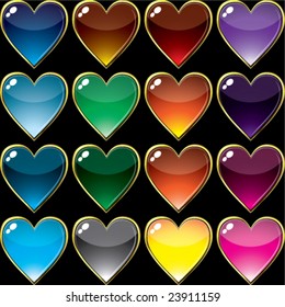 Juego de vectores de botones de vidrio Corazones en un marco dorado