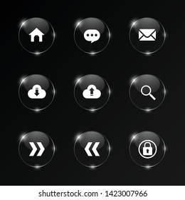 Vector set of glass  buttons icon-home,search,upload,download,login,help,e-mail,next,prev.