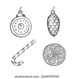 Vector set with glass cone and clock, candy cane, orange, mandarin toys. Christmas tree decorations. Black graphics illustration. Perfect for New Year composition, wrapping paper, gift, packaging.