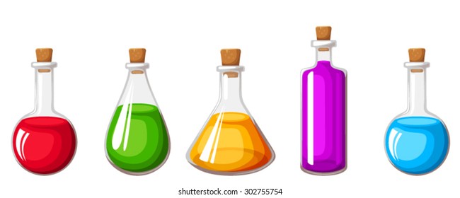 Vector set of glass flasks with colorful liquids isolated on a white background.