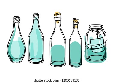 Vector set of glass flasks. Magic potions set of magical tubes and bottles. Vector illustration. Science lab doodle style sketch, Magical elements. Alchemy and vintage science.