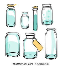 Vector set of glass flasks. Magic potions set of magical tubes and bottles. Vector illustration. Science lab doodle style sketch, Magical elements. Alchemy and vintage science.