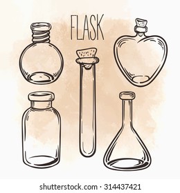 Vector set of glass flasks. Magic potions set of magical tubes and bottles. Ink on aged paper. Vector illustration. Science lab  doodle style sketch, Magical elements. Alchemy and vintage science.  