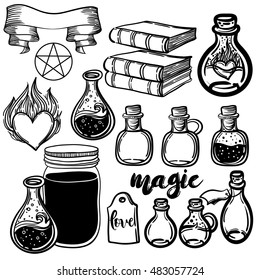 Vector set of glass flasks. Magic potions set of magical tubes and bottles. Vector illustration. occult objects for spells. Alchemy and vintage science.