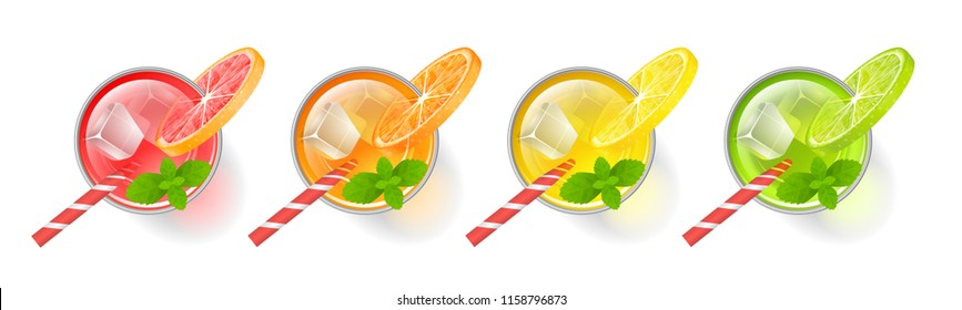 Vector Set. Glass With Fresh Citrus Juice, Ice, Mint, Slice Of Citrus. Top View. Drink, Cocktail, Alcohol In The Glass. View From Above.