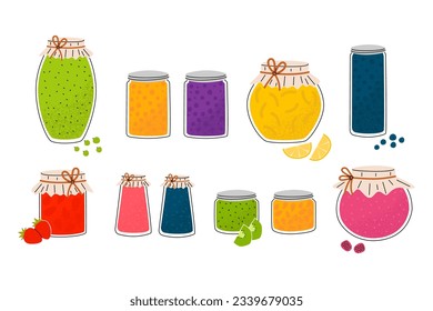 Vector set of glass jars with homemade jam. Sweet traditional dessert. Isolated design on a white background.